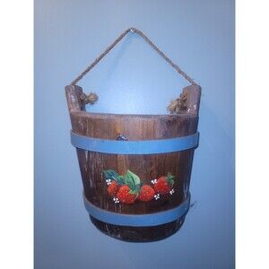 Vintage Wooden Strawberry Hand Painted Sugar Bucket Wall Bucket W Heart Cut Outs